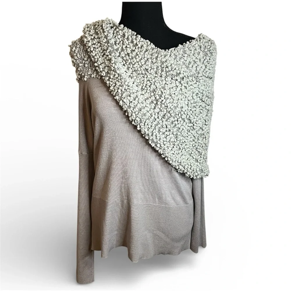 Gaby & Eden RN97427 Gray Ribbed Sweater Sz L Chunky Shawl Collar Y2K Boho Artsy